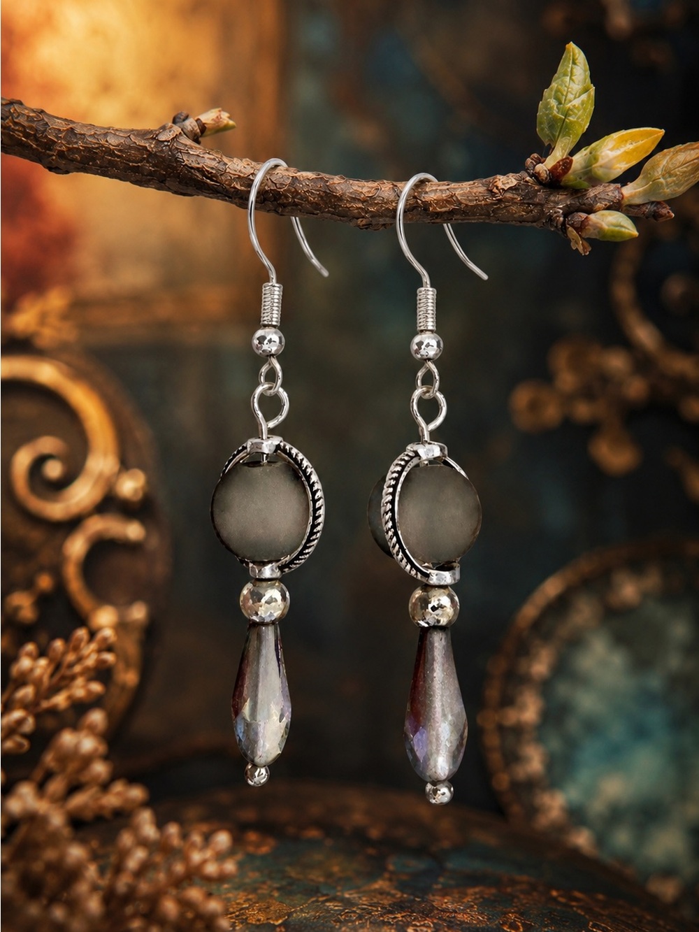 Elegant Silver and Opaque Glass Bead Dangle Earrings